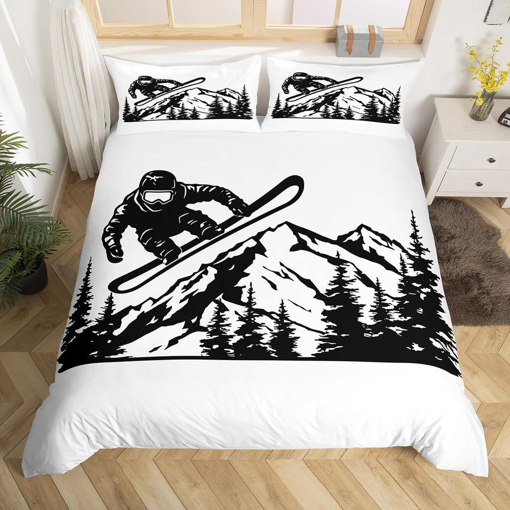 Ski Theme Duvet Cover Green Pine Cable Car Bedding Set Country Style Three-Piece Set