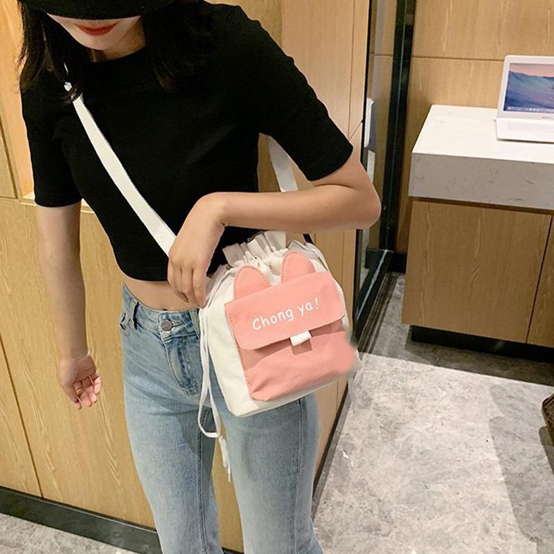 Cute Canvas Bag New Solid Color, Small Ear Crossbody Bag Women's Ins Style Large Capacity Crossbody Bag