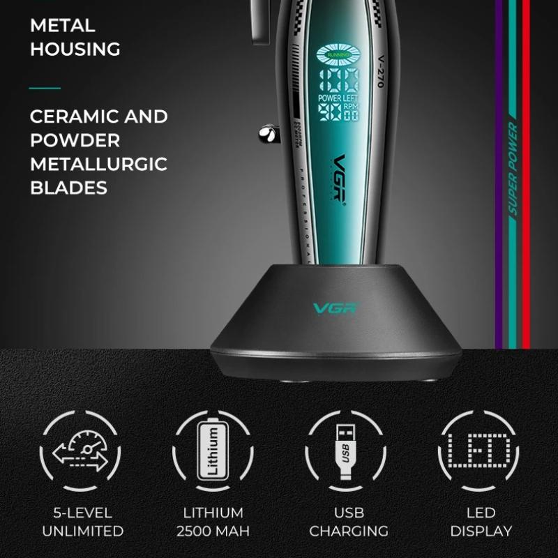VGR V-270 Professionelle Elektrische Schiebeschere Metall Mecha Wind Körper Männer mit Basis Haarschneider LED Digitalanzeige Öl Kopf Haarschneidegerät für Zuhause