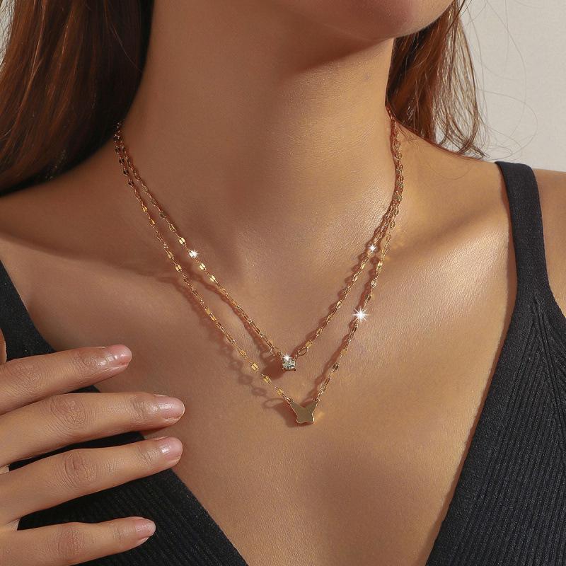 Double Layer Butterfly Rhinestone Necklace - Elegant Summer Fashion Jewelry for Women золотой