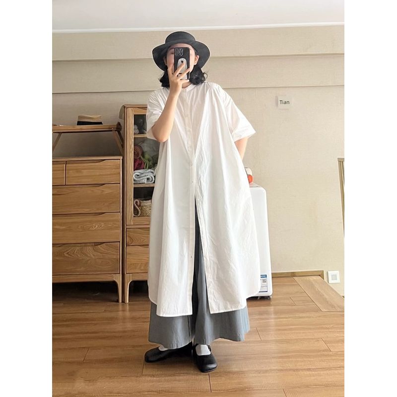 

Маленькое платье из чистого хлопка Женское летнее японская белая рубашка средней длины длинное с коротким рукавом топы женское прикрывающее бедра западный стиль White L