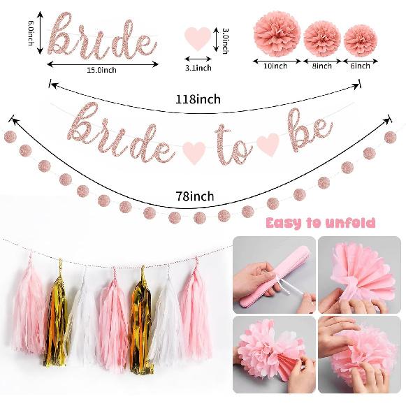 NISOCY Bachelorette Party Decoration, Pink Bridal Shower Decoration Bride To Be Sign Banner with Fringe Party Curta and Honeycomb Balls for Fall