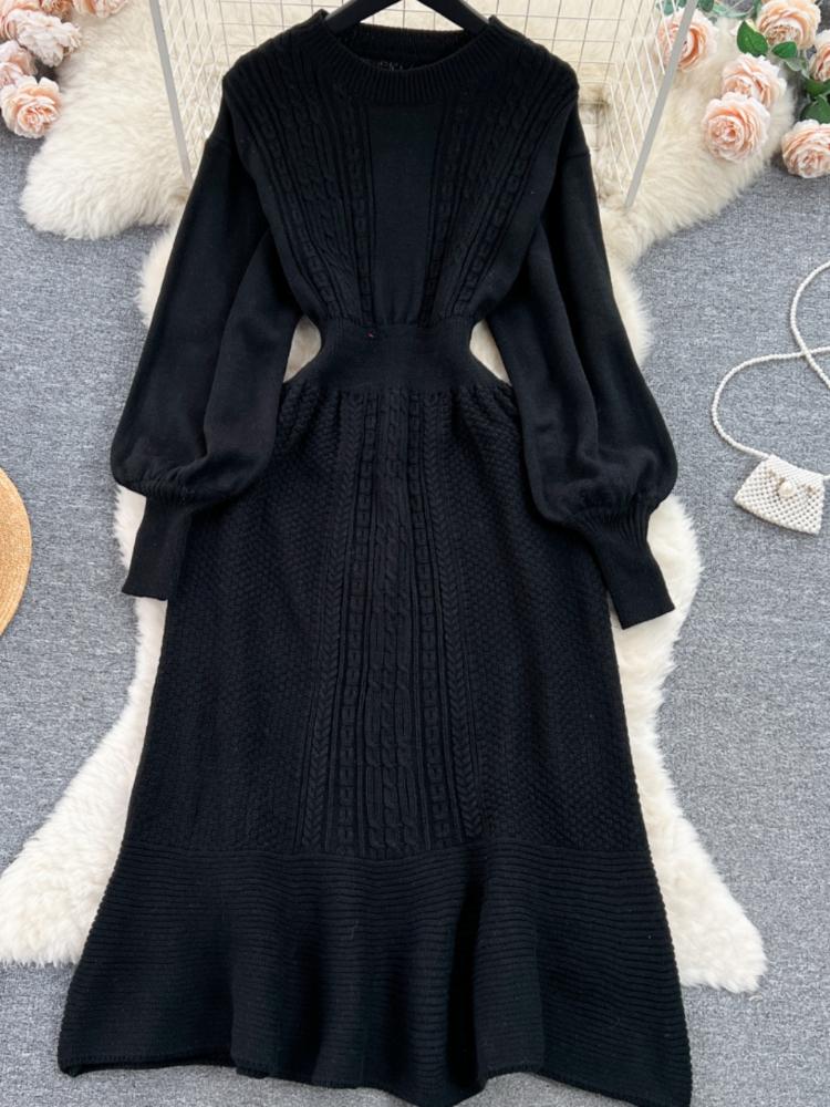 Jesień Francuski Retro Dzianinowa Elegancka Długa Sukienka Kobiety Design O-neck Długi Rękaw Sukienki Damska Moda Casual Jednolita Wąska Odzież