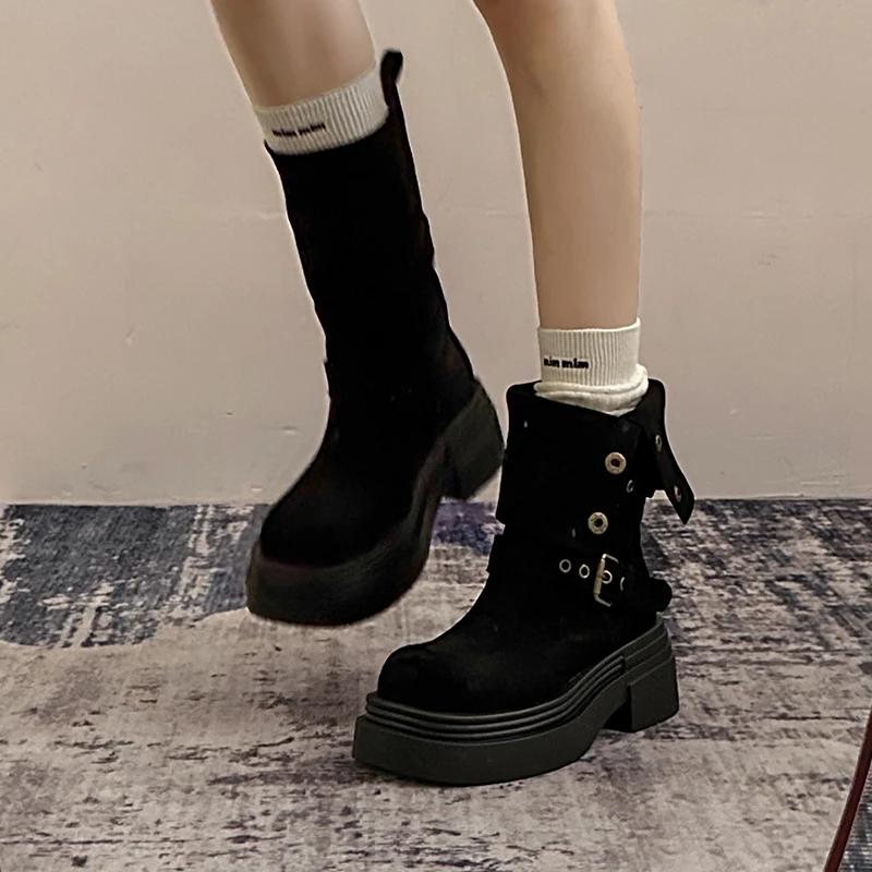 Fashion Belt Buckle Women Mordern Boots Design Height Increase  Shoes Autumn Winter Women's Mid Calf Booties