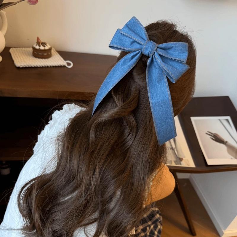 Denim Blue Ribbon Bowknot Hair Clips For Woman Girls Sweet Elegant Ponytail Hairpins Duckbill Clip Hair Accessories Gift