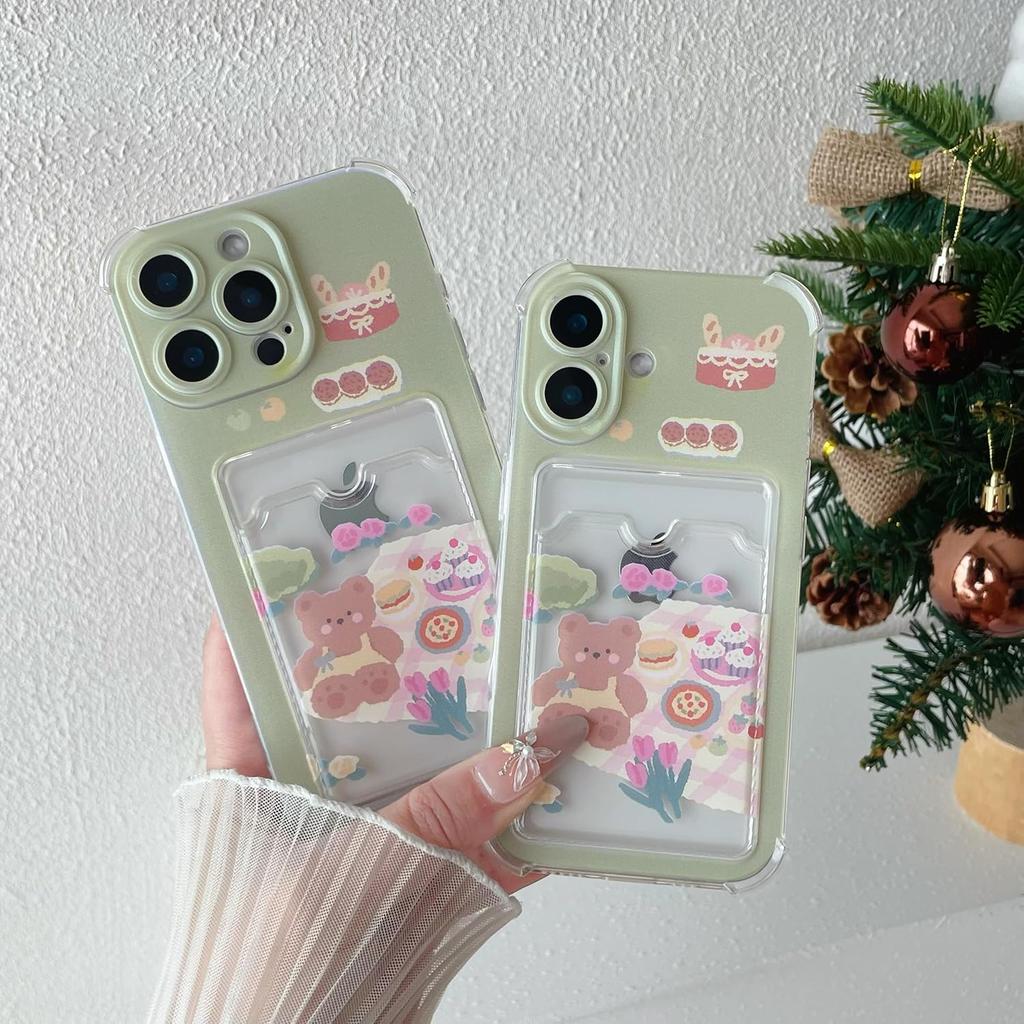 Cute Cartoon Bear Flowers Cake Wallet Card Slot Clear Soft Phone Case Compatible with iPhone Case (Clear,for iPhone 14 Plus)
