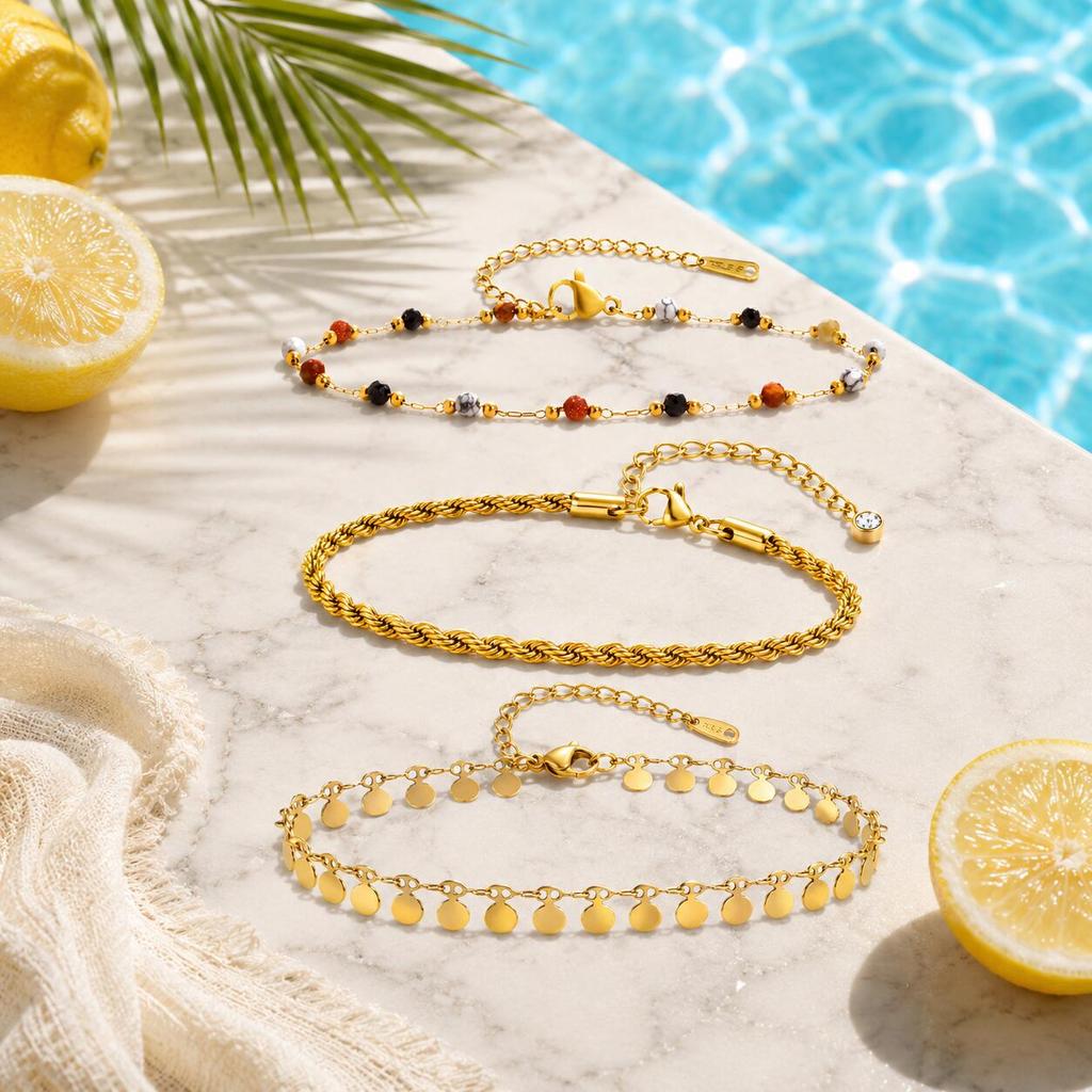 3 Layers Gold Plated Anklet Set for Women Nature Stone Bead Bohe Disc Charm Stainless Steel Beach Foot Jewelry