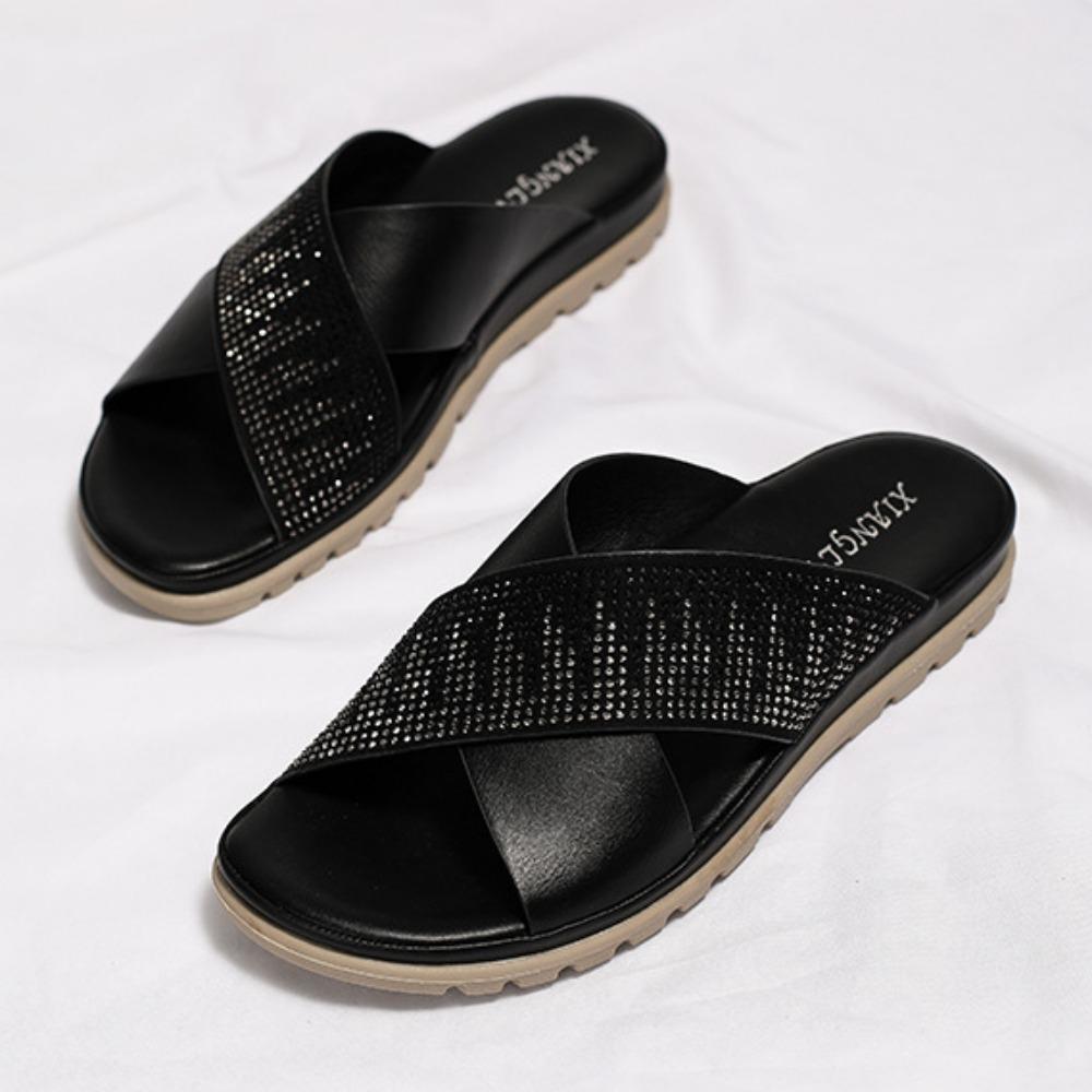 Slippers for Women 2026 New Flat Sandals Summer Rhinestone Comfortable Low Heel Slippers for Womens Luxury Sandals Ladies Shoes
