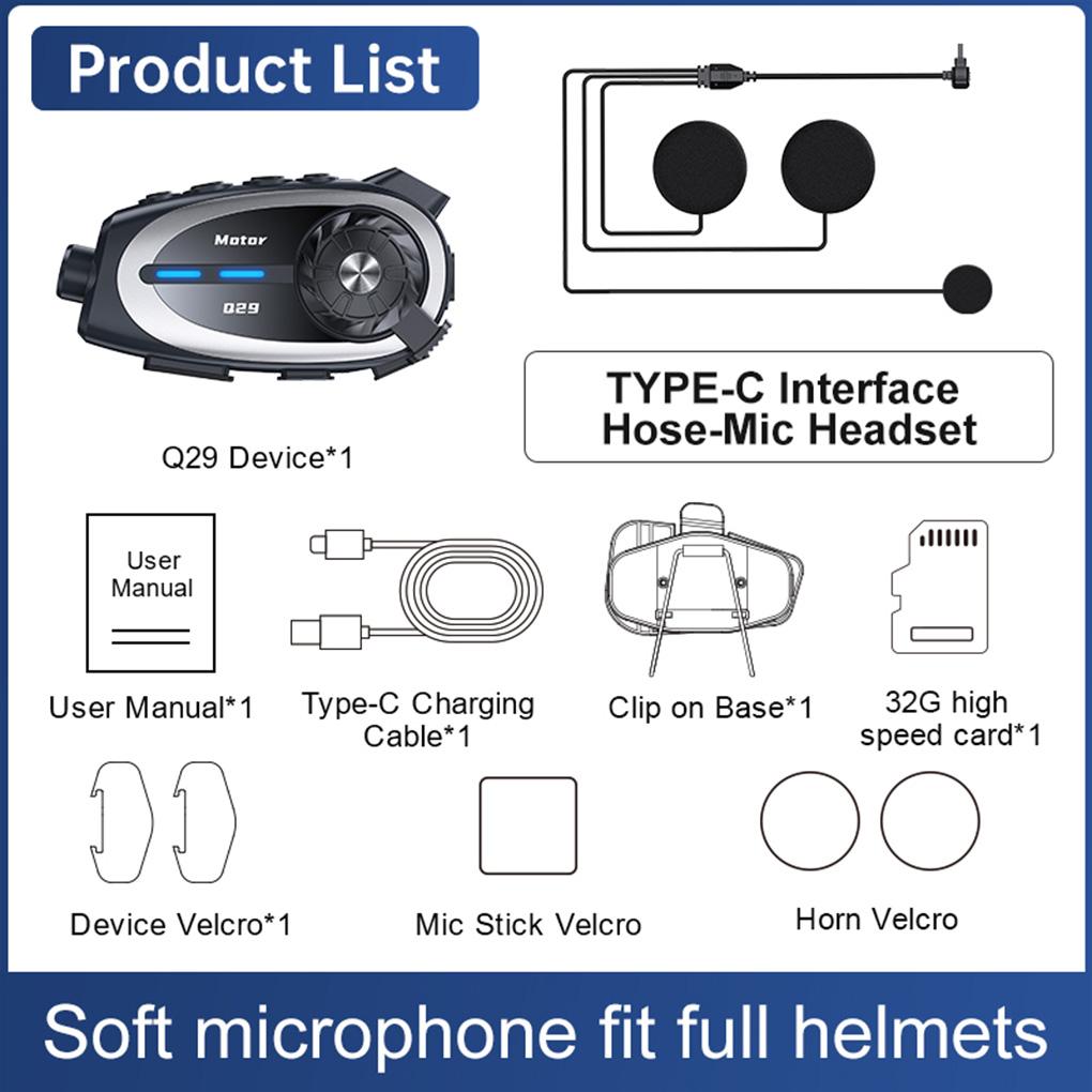 

Q29 Motorcycle Bluetooth Helmet Intercom1080P HD Wireless Camera Ultra Wide Angle Lens Recorder Waterproof Noise Reduction