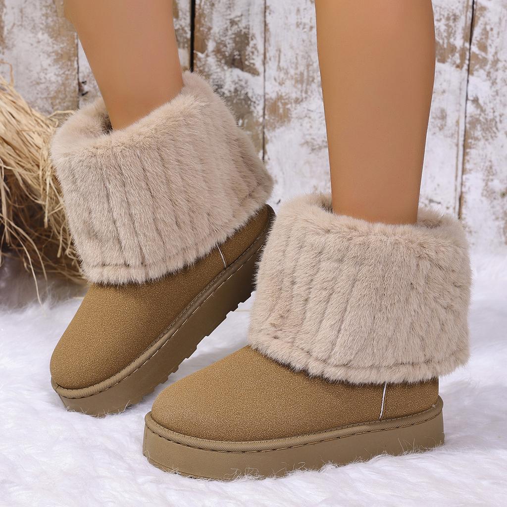 Fashion Warm Faux Fur Boot Tube Snow Boots Women 2025 Winter Round Toe Soft Thick Bottom Medium Heel Ankle Boots Winter Cotton Shoes