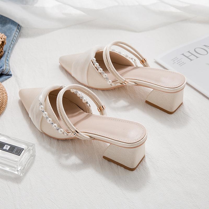 Wiosenne i letnie buty na średnim obcasie Damskie francuskie półdragowe sandały dwuczęściowe Sandały z owiniętą głową Szpiczaste grube obcasy Buty damskie