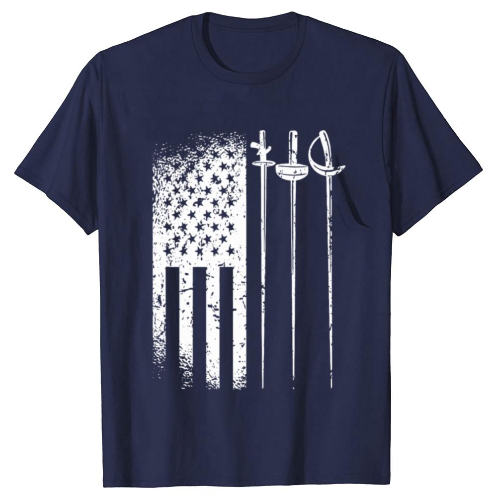 Funny American Fencing USA Flag Fencer T Shirts Men Pure Cotton Humor Streetwear Tee Shirt Short Sleeve Unisex Loose Clothing