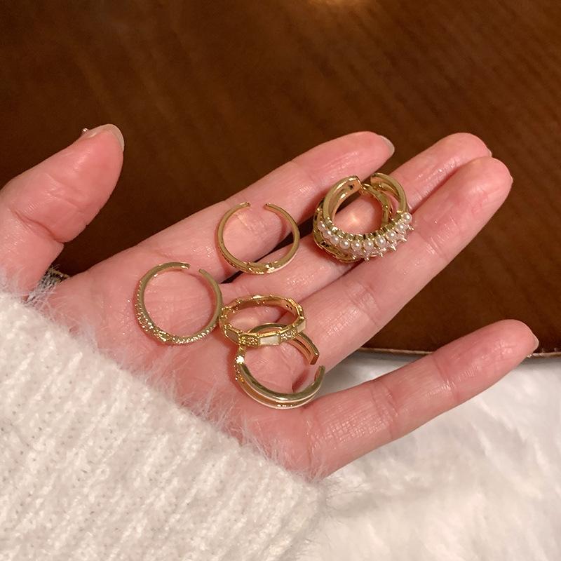 Shiny Zircon Pearl Open Ring for Women Luxury Ear Needles Earrings Fashion Simple Personality Wedding Jewelry