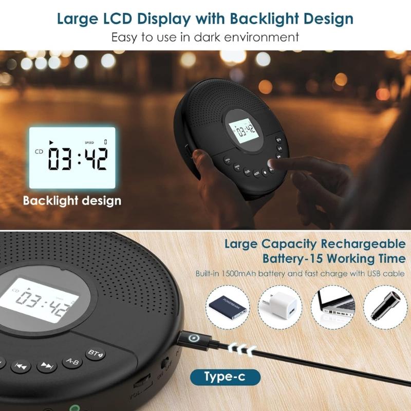 Discman Player Double Speaker Portable  Player Built-in 1500mAh Rechargeable Battery with AUX Cable for Car