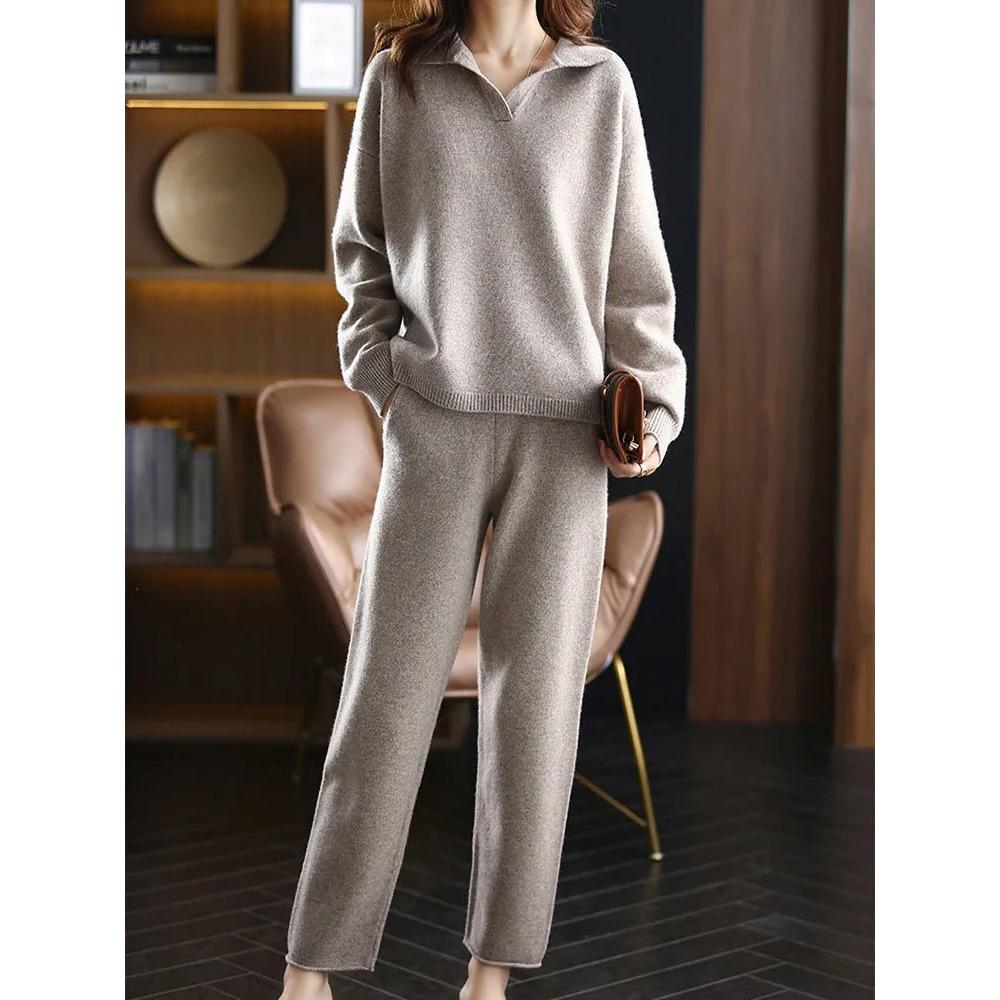 Seturi de 2 piese tricotate libere, pentru femei, cu guler polo coreean, pulover, pantaloni harem cu talie înaltă, până la gleznă