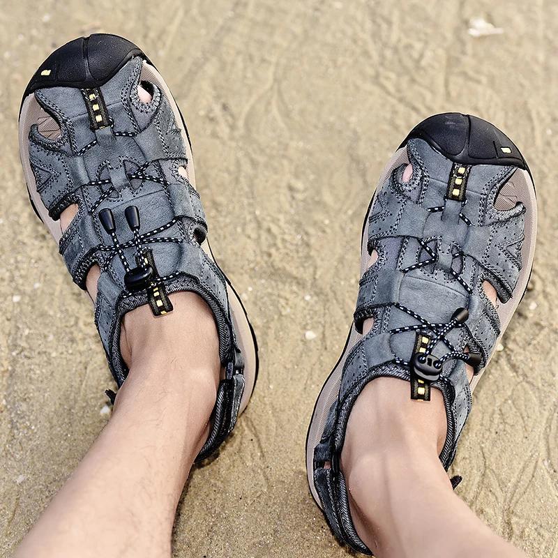 Fashion Summer Men's Casual Sandals Fashion Cow Leather Handmade Casual Shoes Outdoor Walking Sneakers Antiskid Beach Shoes Mocassins