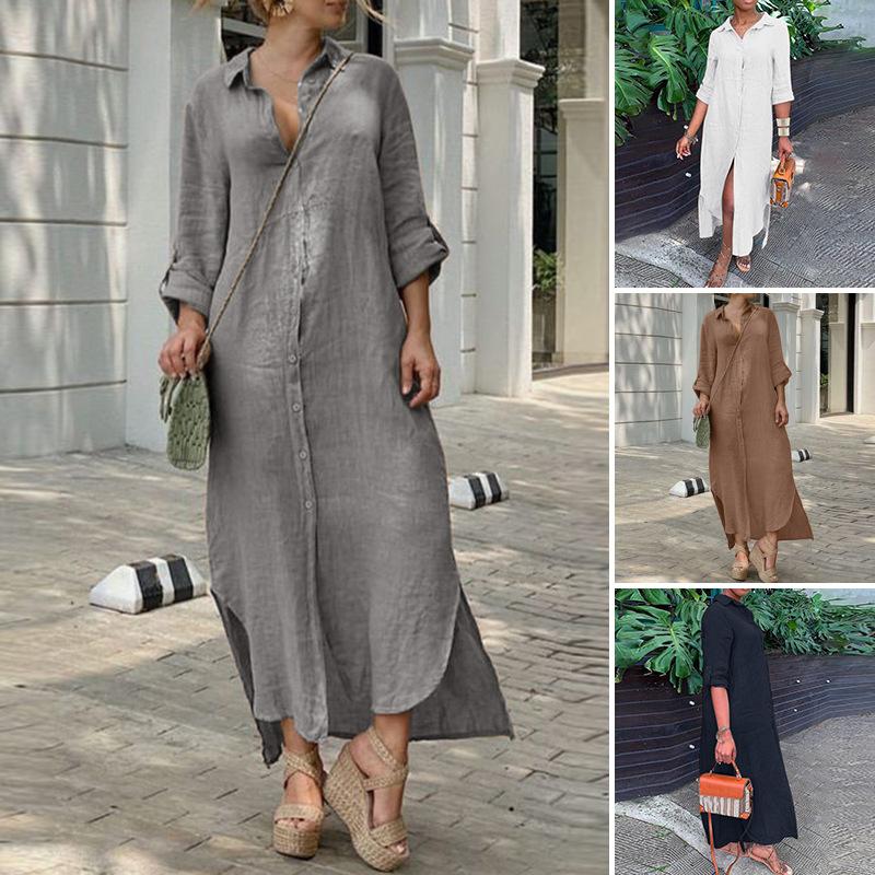 Women's Long Sleeve Shirt Dress Casual Loose Fit Button Down Tunic Dress with Pockets in Light Gray Navy White Brown