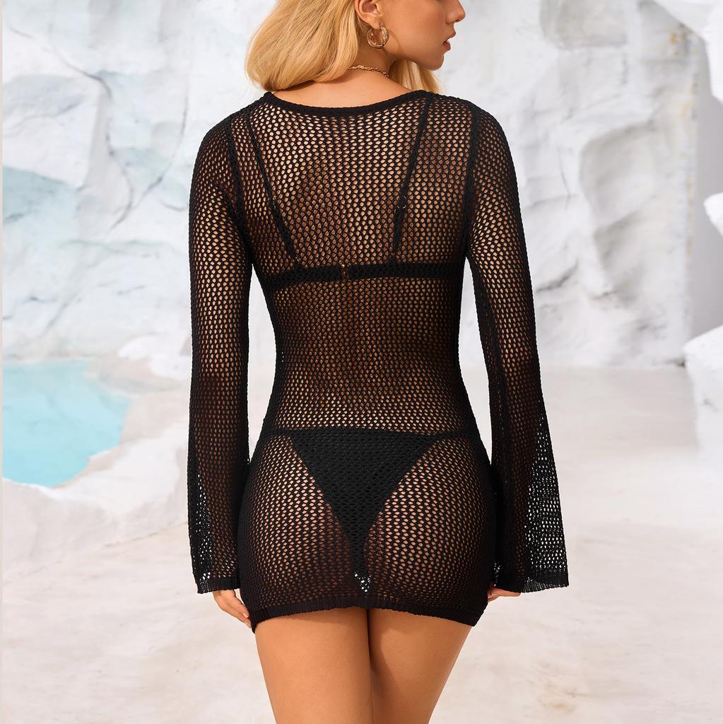 European and American fashion knitted hollow see-through dress, sexy Spice Girl summer beach style long-sleeved short blouse