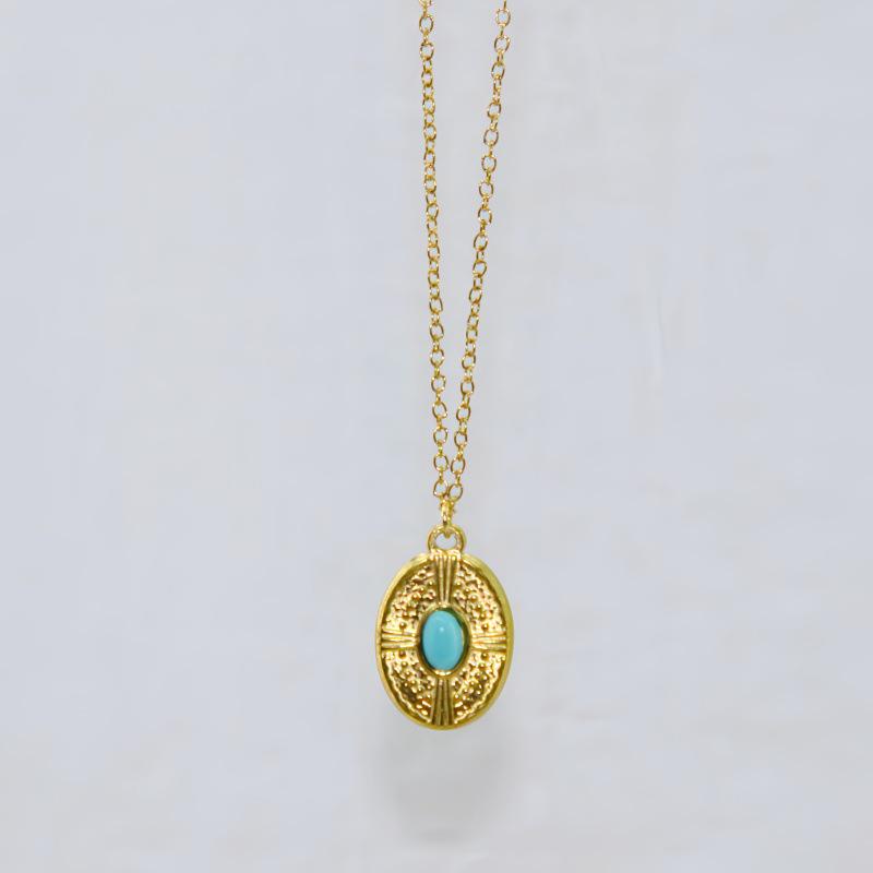 Retro Turquoise Inlaid Stainless Steel Necklace with Embossed Round Pendant for Women