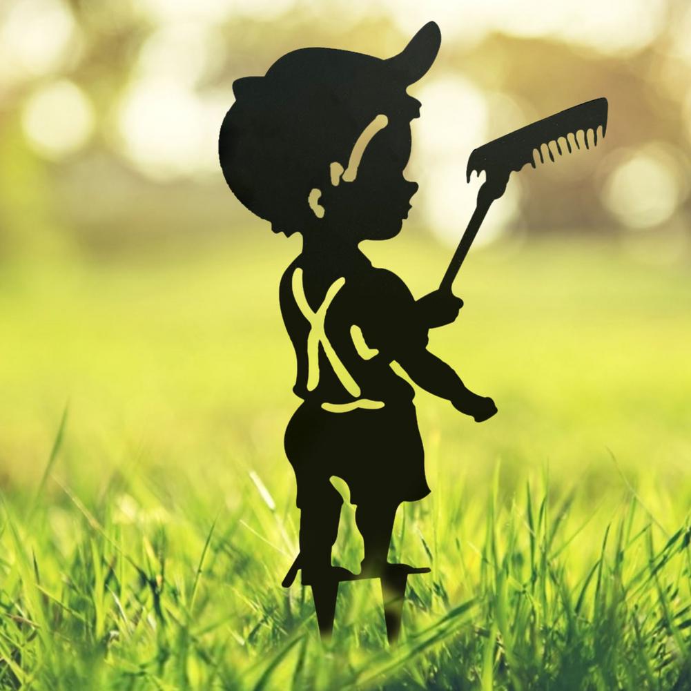 Garden Decor Art People Metal Statue Yard Art Garden Insert Kid Insert Lawn Yard Decoration Manor Lawn Black Garden Decoration