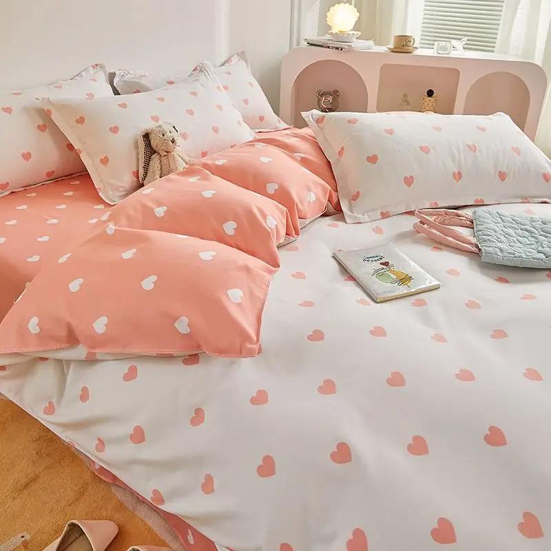 Kawaii Bedding Set Kids Adult Flat Sheet Duvet Cover Pillowcase Single Double Full Size Bed Linen Floral Cherry Home Textile