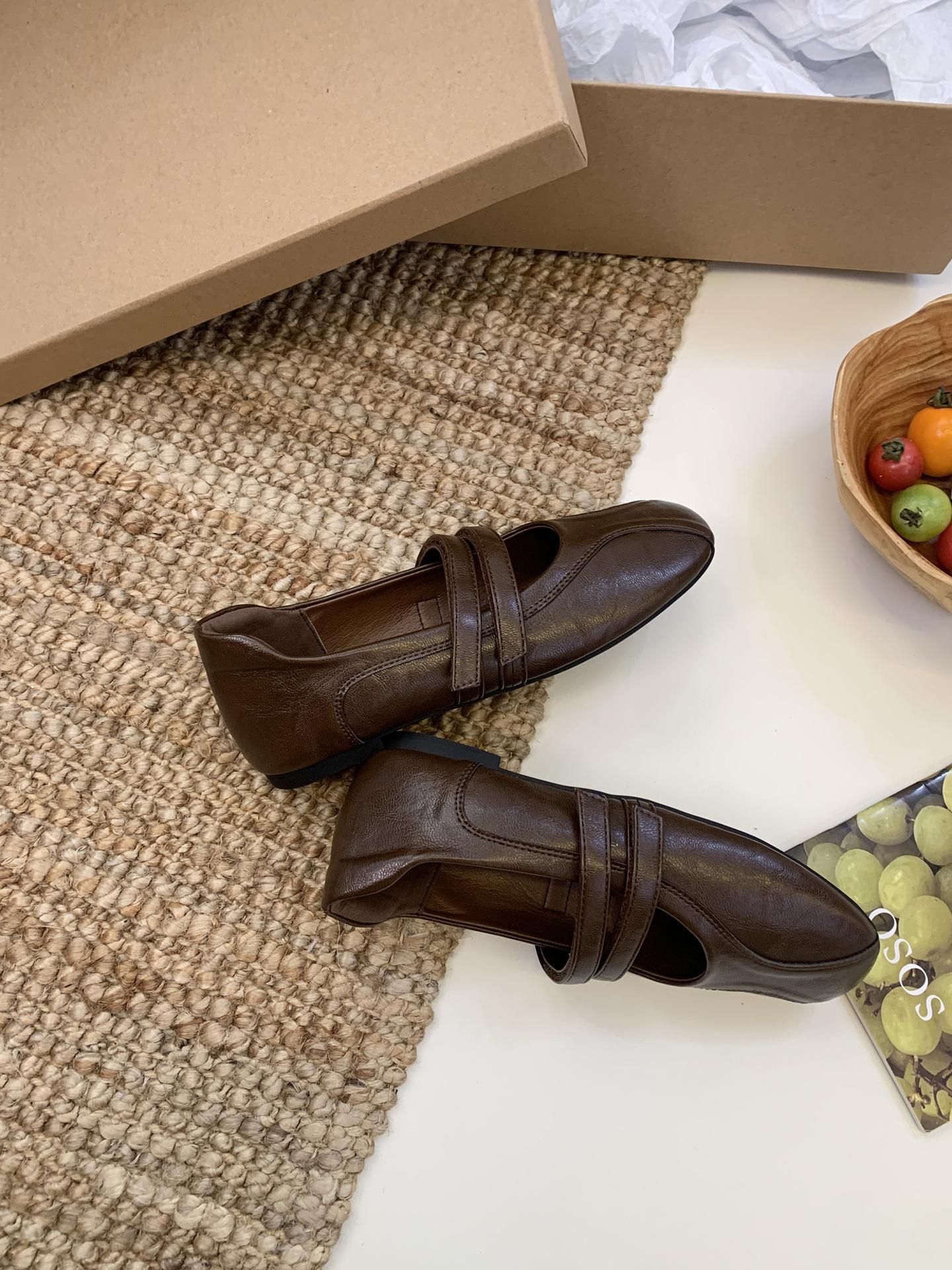 

2025 New Vintage Round Head Velcro Flat Mary Jane Shoes Sports College Style Casual Ballet Shoes Single Shoes 39 кофейный