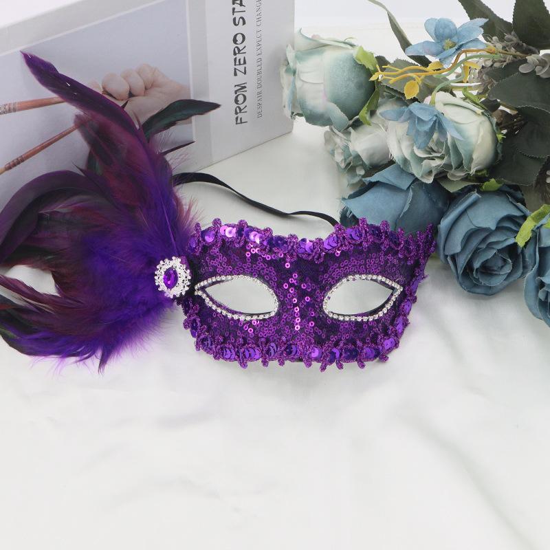 Feathers Sequins Half-Face Mask Masquerade  Removable Feather Decor Venetian Mask Halloween Cosplay Party Costume Accessory