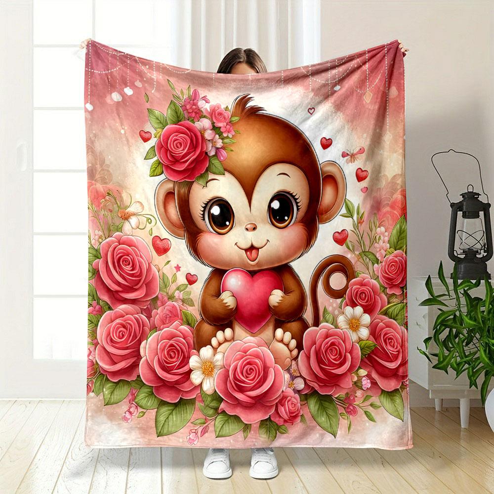 Cute Monkey with Heart & Roses Patterned blanket, flannel, suitable for all seasons, home decor, warm and cozy