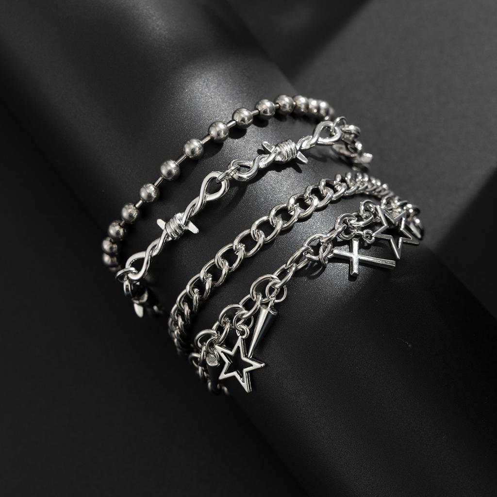 4Pcs/Set Punk Cross Rivet Star Pendant Bracelet for Men Women Hiphop Multi-Layer Cuban Chain Bracelet Set Jewelry Gifts