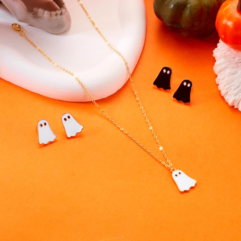 Halloween Spooky Chic Women's Jewelry Set White Ghost Earrings Necklace Cute Boo Accessory for Girls' Costume Party Gift