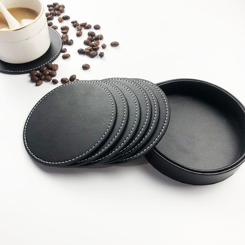 Round spot leather teacup mat can be ordered lOGO hand sewing with oil edge pu leather coaster thermal insulation mat wholesale