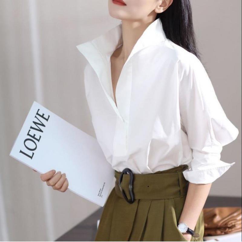 Women's Three-Quarter Sleeve Stand-Up Collar White Shirt - 2023 Early Autumn Loose Fit Top