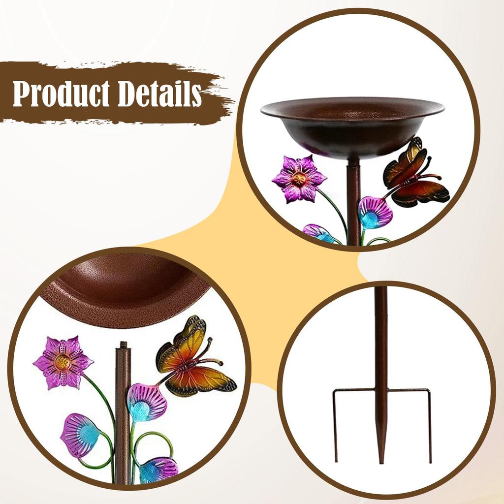 Outdoor Bird Bath Weather Resistant Iron Craft with Stake Standing Garden Birdbath Bird Water Dish Garden Decor for Courtyard
