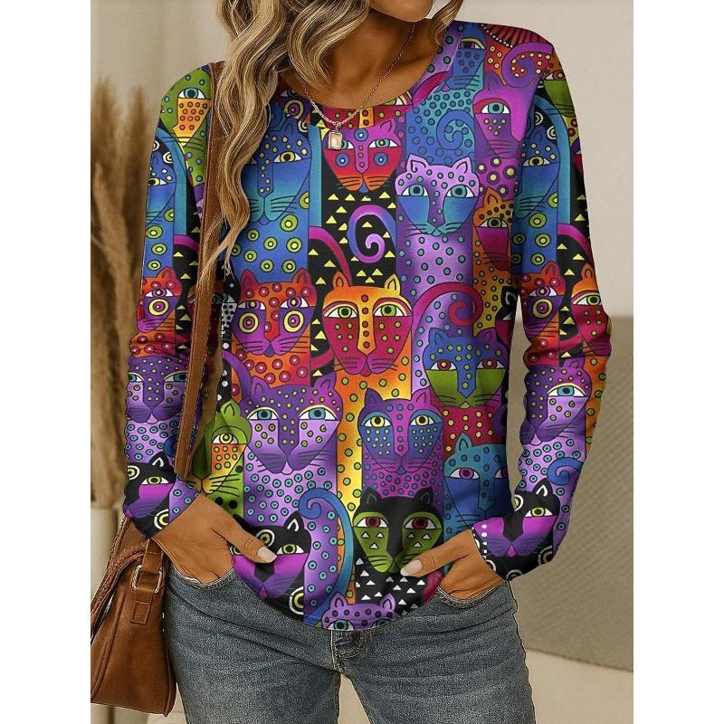 Fashion Women Long Sleeve Tops Casual Graphic Animal LeopardTee Shirt Blouse Crewneck Fall Winter Streetwear Style Y2K Pullover