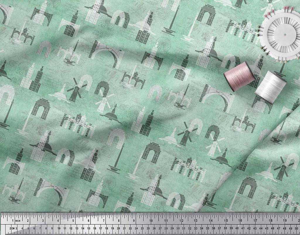 Soimoi Purple Japan Crepe Satin Fabric Text & Monuments Architectural Print Sewing Fabric Metre 42 Inch