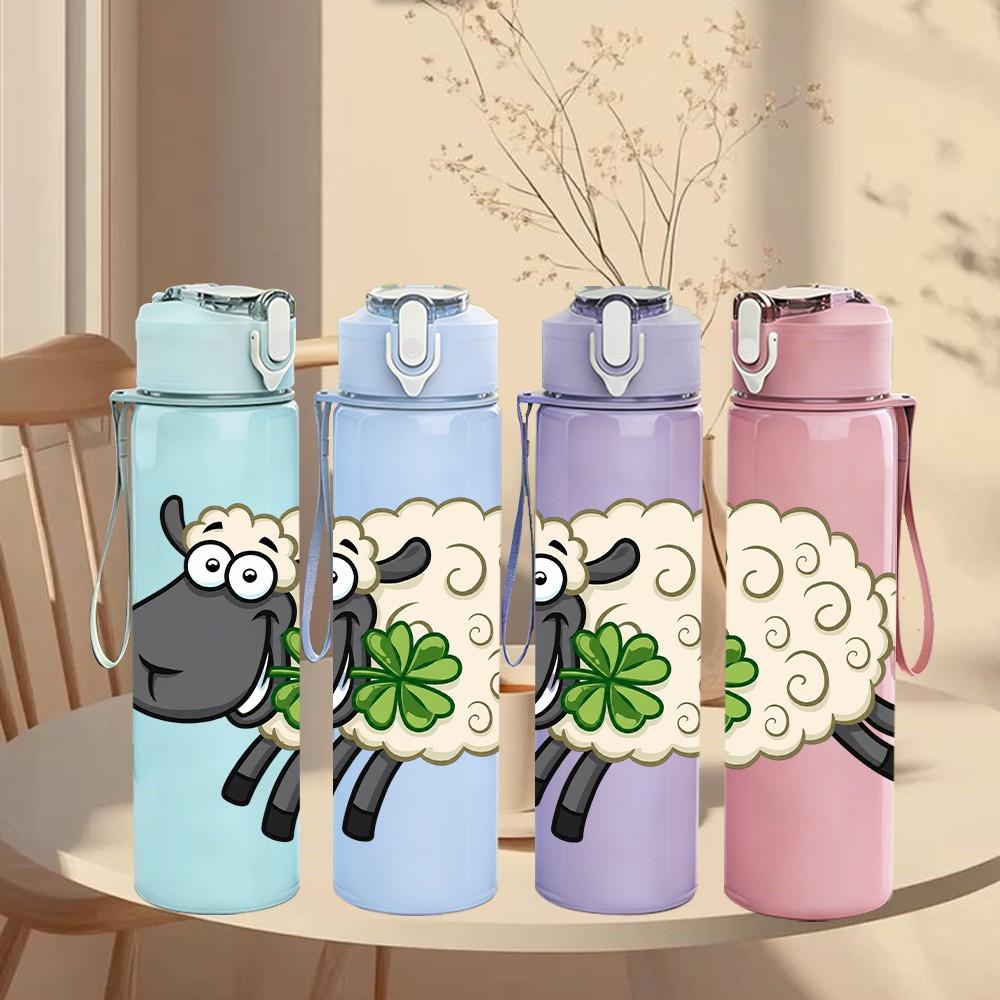 1PC Fluffy Cartoon Sheep Farm Animal Print 750ml Color Plastic Sports Water Bottle Leakproof Flip Straw Lid Suitable for Sports Office Home Use