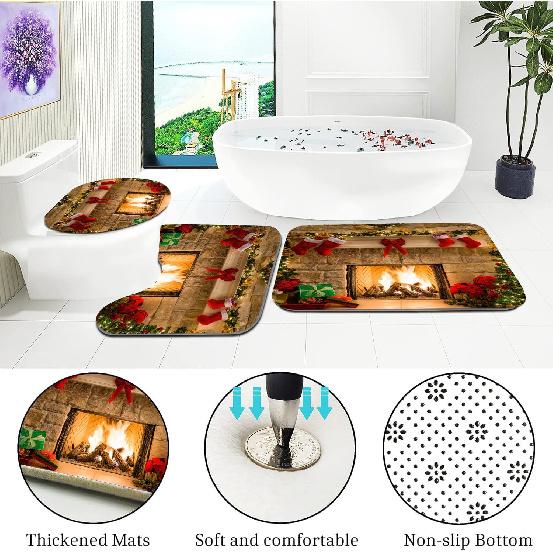 4PCS Christmas Fireplace Shower Curtain Sets, Christmas Tree Stocking Shower Curtain Sets with Rugs, Toilet Lid Cover and Bath Mat for Bathroom Set