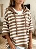 Hætteklædt Strikket Pullover med Snoretræk, Løs Langærmet Stribet Rundhalset Dame Skjorte