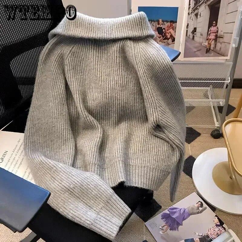 Dunkelgraue Strickjacke mit doppeltem Reißverschluss, kurzes Oberteil, Umlegekragen, Mantel für Damen, schlank, warm, lässig, solide, Pendeln, neue Mode, Frühling und Herbst