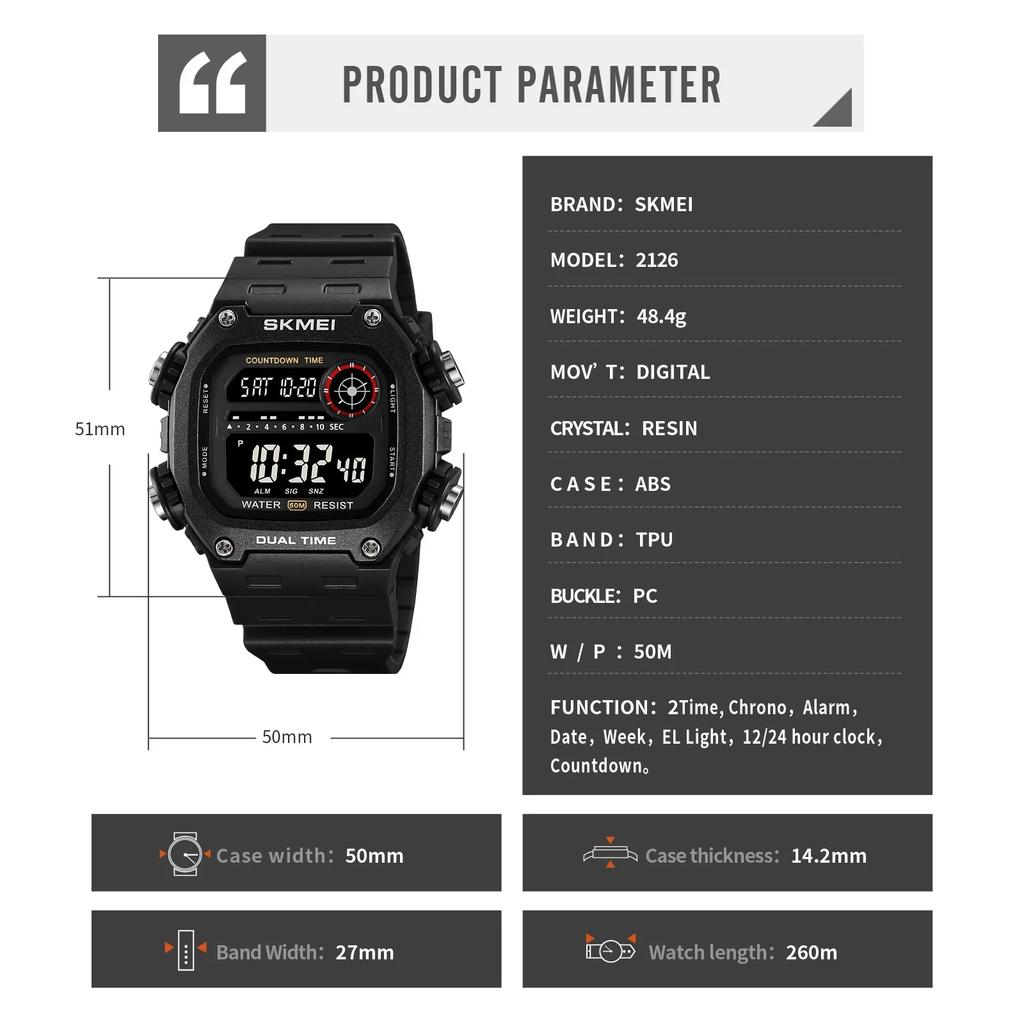 SKMEI 2126 Digital Countdown Sports Watch for Men LED Display Waterproof Stopwatch Mens Wristwatches Alarm Clock Montre Homme