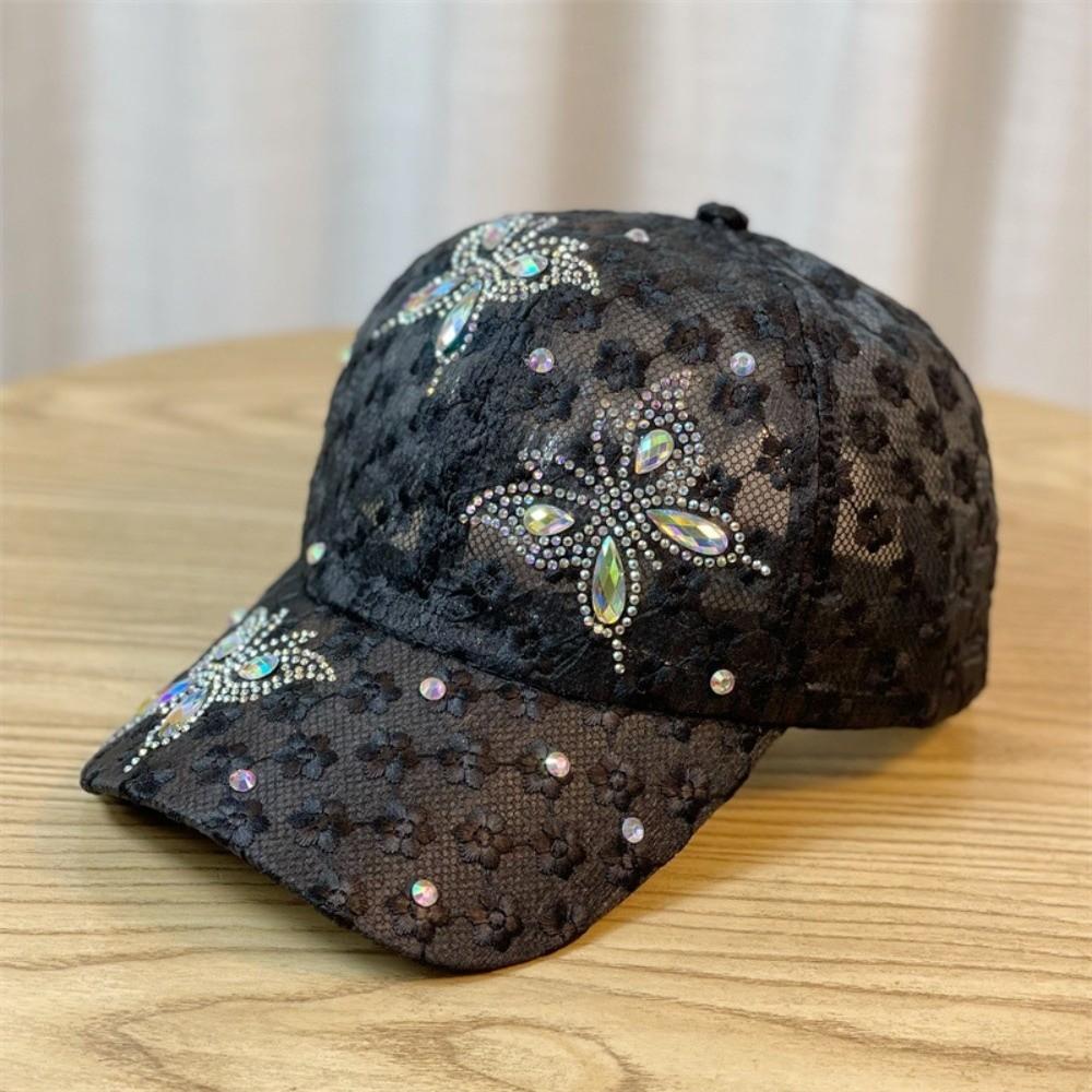Lace Visors Cap Rhinestone Mesh Peaked Hat Breathable Flower Baseball Cap  Girls