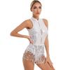 Leotardo de Lentejuelas Brillantes para Mujer Diseño de Borlas Espalda con Ojo de Cerradura Sin Mangas Espalda Descubierta Body con Flecos Disfraz de Baile