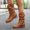 fashion Brown Pu Leather Mid Calf Boots Women Autumn Winter Vintage Chunky Heeled Cowboy Boots Woman Loose Tube Pleated Western Booties