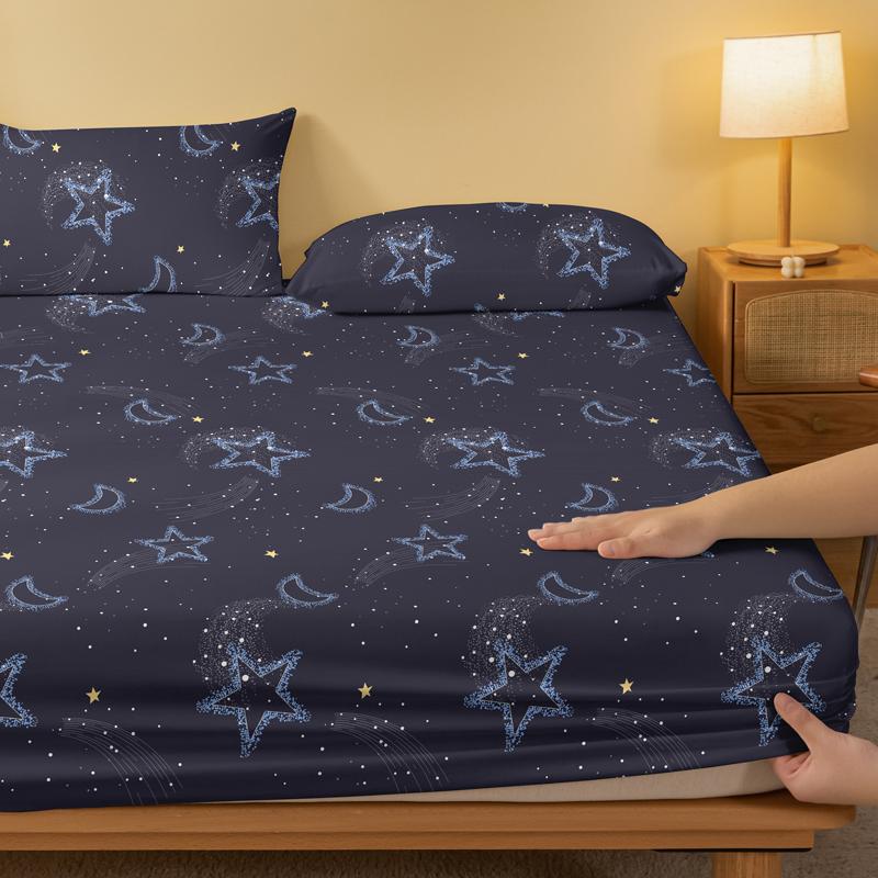 1 Simple Modern Stars Moon Printed Matte Fitted Sheet, Bedroom Printed Bed Cover, Bedding (Excluding Pillowcases)