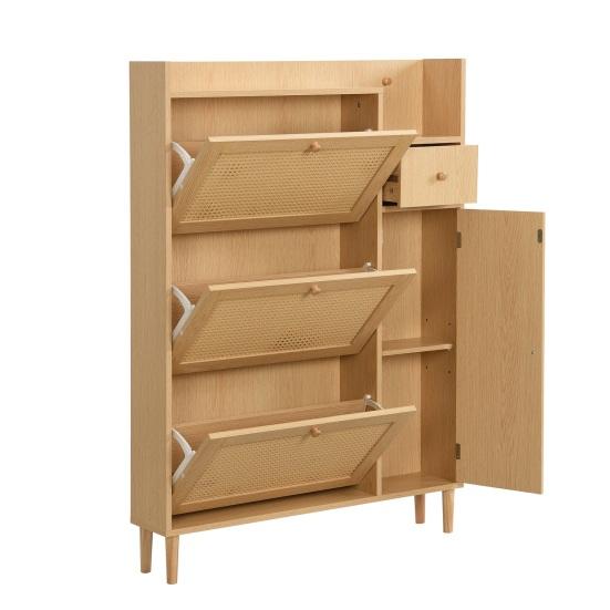 Free Standing Shoe Cabinet with 3 Tilt Doors 1 Drawer Wood Handles Solid Legs Space Saving No Burrs Small Closed Style Shoe Organizer Furniture
