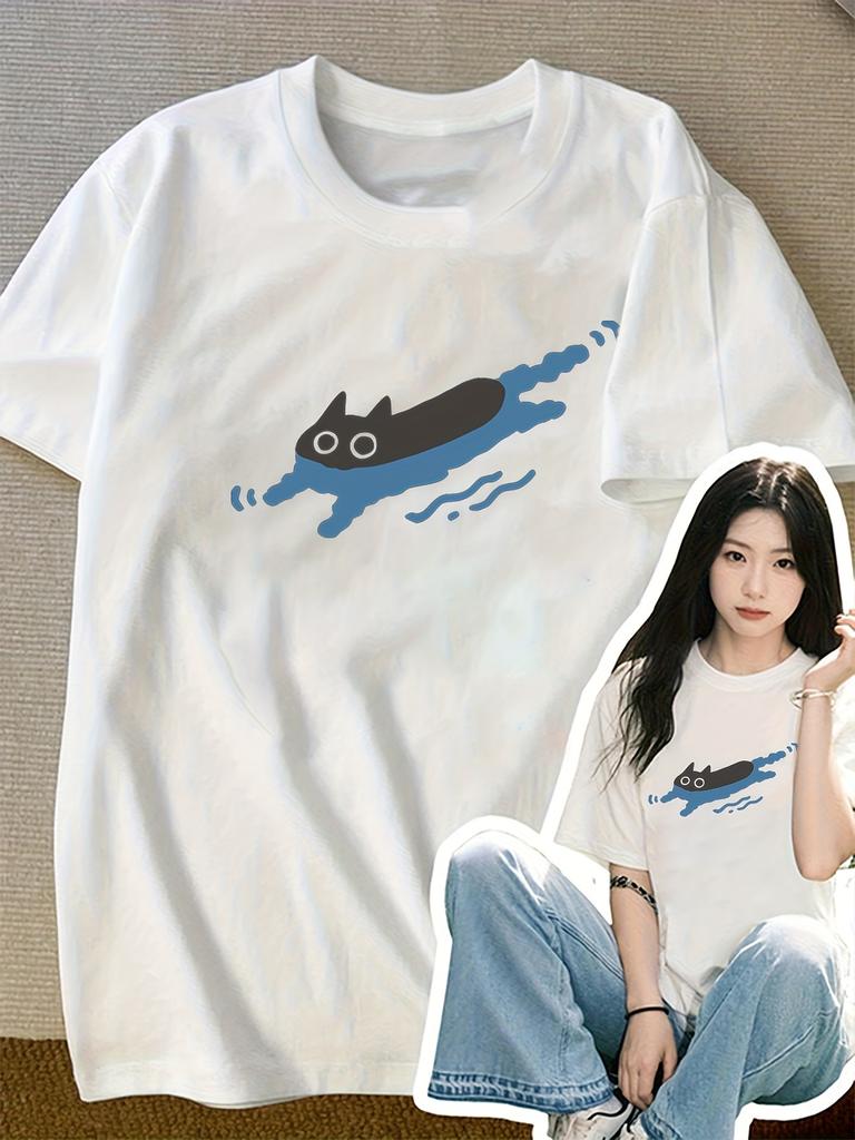 Casual Graphic Tee Womens SpringSummer Loose Fit Round Neck Short Sleeve Playful Cat Design Comfortable FitWhite
