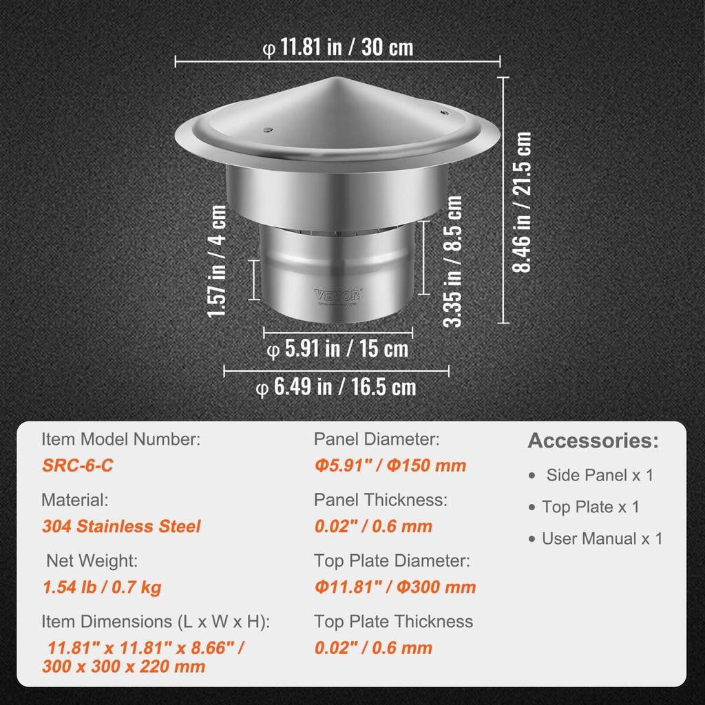Chimney Cap, 152.4 Mm, 304 Stainless Steel Round Roof Rain Cap, 300mm Increased Caps, All Weather & Reinforced Screws & Easy Installation, for Perfect