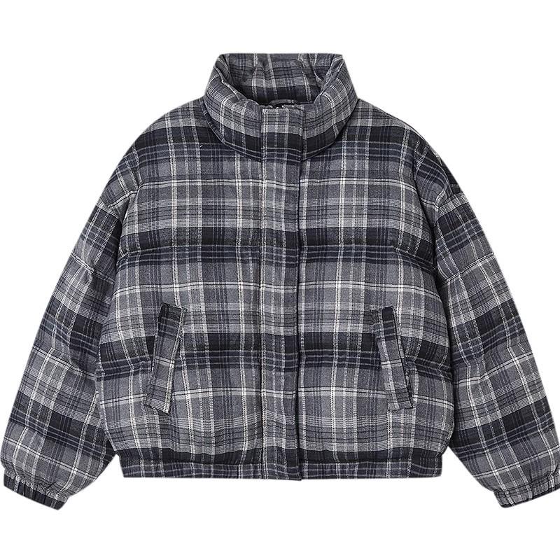 2026 Women's Winter Retro Plaid Cotton Jacket - Short, Thick, Stand Collar, Loose Fit, Warm Outerwear for Petite Students