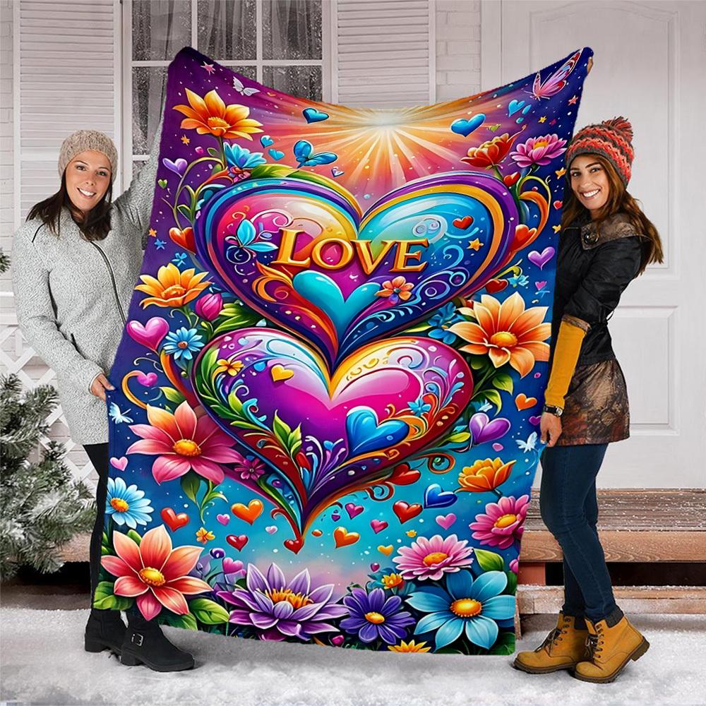 1pc Heart Love Flowers Butterfly Outdoor Flannel Blanket Soft All Season Polyester Throw , Perfect for Picnics & Travel , Picnic Accessory