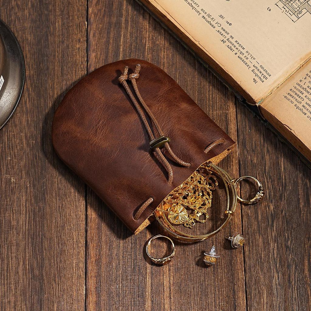 Retro Crazy Horse Leather Coin Purse: Genuine Cowhide Drawstring Bag for Jewelry, Cards, and Keys